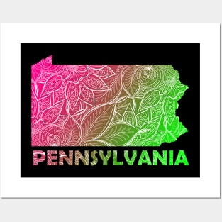 Colorful mandala art map of Pennsylvania with text in pink and green Posters and Art